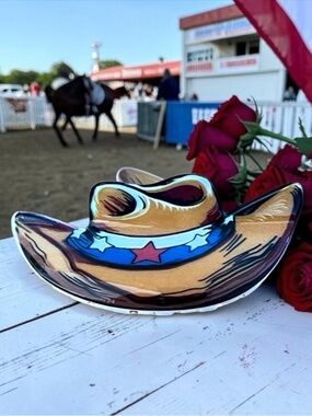 Brown Cowboy Hat Red White Star Blue Western Rodeo 3.5" Lobster Claw Hair Clip